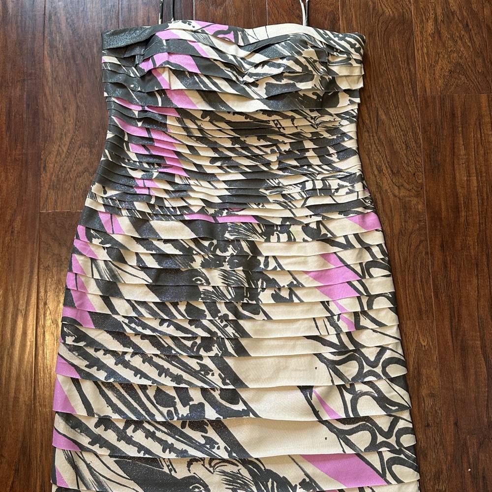 JS Collections Strapless Dress in Gray, Pink, and Cream